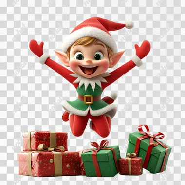 3d animation elf on the shelf jumping for joy red and green colors elf preparing for wrapping boxes png - white background bright colors --s 750