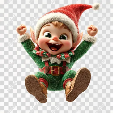 3d animation elf on the shelf jumping for joy red and green colors elf preparing for wrapping boxes png - white background bright colors --s 750