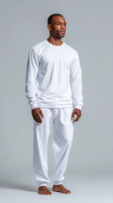 Front shot of a slim barefoot male model, wearing a white tracksuit, made of high quality soft cotton, The shirt is crew neck with long sleeves, extremely comfortable fit, simple white background, clean studio lighting, fashion product showcase style.