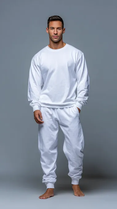 Front shot of a slim barefoot male model, wearing a white tracksuit, made of high quality soft cotton, The shirt is crew neck with long sleeves, extremely comfortable fit, simple white background, clean studio lighting, fashion product showcase style.