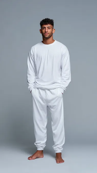 Front shot of a slim barefoot male model, wearing a white tracksuit, made of high quality soft cotton, The shirt is crew neck with long sleeves, extremely comfortable fit, simple white background, clean studio lighting, fashion product showcase style.