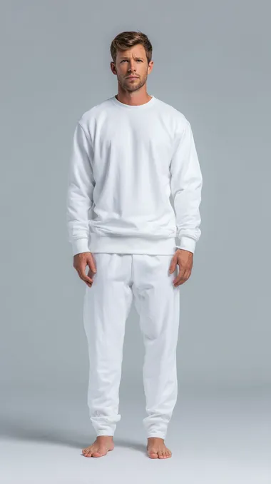 Front shot of a slim barefoot male model, wearing a white tracksuit, made of high quality soft cotton, The shirt is crew neck with long sleeves, extremely comfortable fit, simple white background, clean studio lighting, fashion product showcase style.