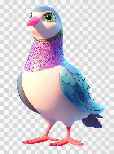 pigeon with pink beak AND GREEN-BLACK EYES, white background, modern cinematic cartoon, colorful and lively, bright colors, cartoon background, 3D cartoon, happy cute style, in the style of Disney, in the style of Pixar, high resolution, best quality