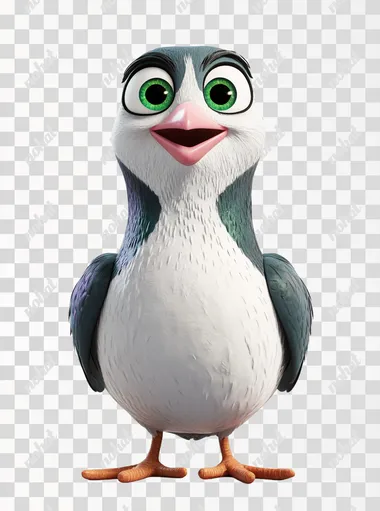 pigeon with pink beak AND GREEN-BLACK EYES, white background, modern cinematic cartoon, colorful and lively, bright colors, cartoon background, 3D cartoon, happy cute style, in the style of Disney, in the style of Pixar, high resolution, best quality