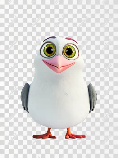 pigeon with pink beak AND GREEN-BLACK EYES, white background, modern cinematic cartoon, colorful and lively, bright colors, cartoon background, 3D cartoon, happy cute style, in the style of Disney, in the style of Pixar, high resolution, best quality
