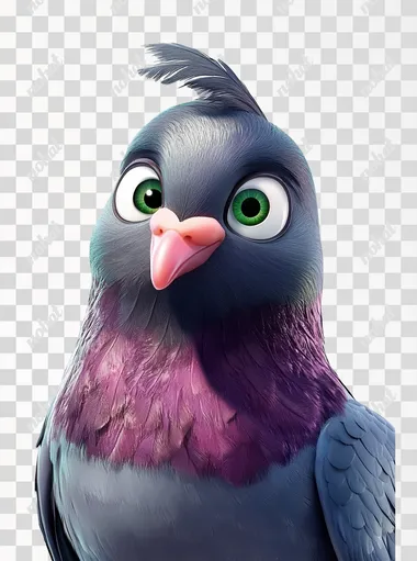 pigeon with pink beak AND GREEN-BLACK EYES, white background, modern cinematic cartoon, colorful and lively, bright colors, cartoon background, 3D cartoon, happy cute style, in the style of Disney, in the style of Pixar, high resolution, best quality