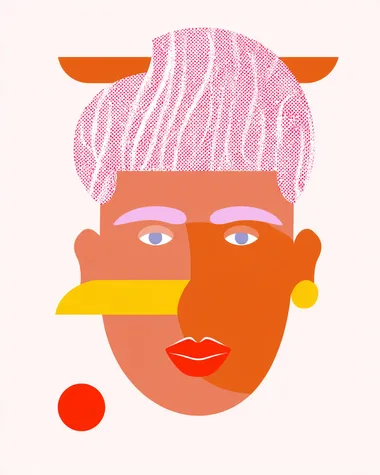 Minimal illustration of a pink hair mulatto woman. Her hair is pink and textured. Her featured are round with a round african nose. In Stefan Sagmeister functional, minimal and clear graphic design style.   d4ys412 5fdy64e --s 50 --raw