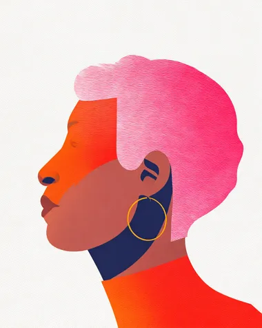 Minimal illustration of a pink hair mulatto woman. Her hair is pink and textured. Her featured are round with a round african nose. In Stefan Sagmeister functional, minimal and clear graphic design style.   d4ys412 5fdy64e --s 50 --raw