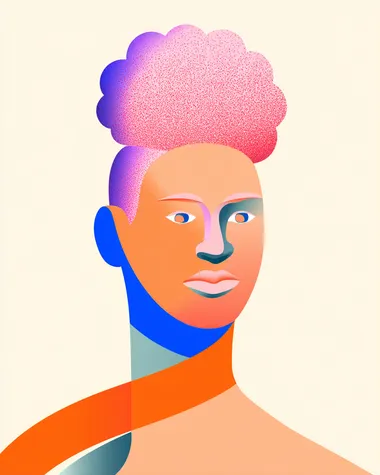Minimal illustration of a pink hair mulatto woman. Her hair is pink and textured. Her featured are round with a round african nose. In Stefan Sagmeister functional, minimal and clear graphic design style.   d4ys412 5fdy64e --s 50 --raw