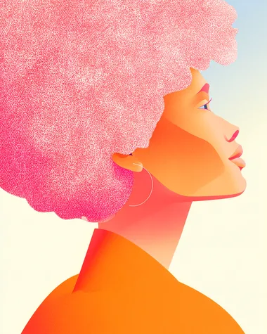 Minimal illustration of a pink hair mulatto woman. Her hair is pink and textured. Her featured are round with a round african nose. In Stefan Sagmeister functional, minimal and clear graphic design style.   d4ys412 5fdy64e --s 50 --raw