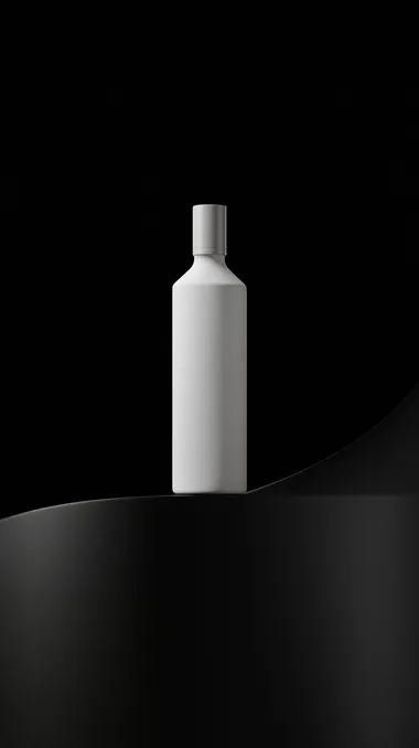 A bottle of white rectabngle tall box is placed on a black curved surface, adding to the minimalist aesthetic., and a modern feel. The high contrast between light and shadow creates a strong visual impact., commercial advertising shoot, conveying a sense of luxury brand design. A large aperture captures the details. The composition features a black solid surface, curved surface, highlighting the contrast between lightness and strength associated with hair care products., minimalist design, with a high-end minimalist style. Studio lighting illuminates the product photography   oybzvic