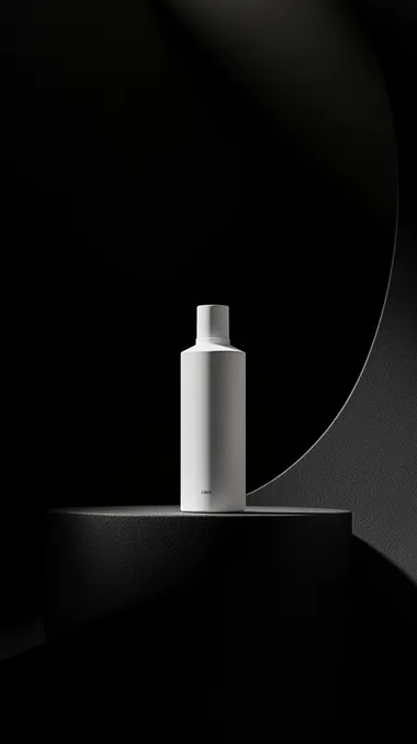 A bottle of white rectabngle tall box is placed on a black curved surface, adding to the minimalist aesthetic., and a modern feel. The high contrast between light and shadow creates a strong visual impact., commercial advertising shoot, conveying a sense of luxury brand design. A large aperture captures the details. The composition features a black solid surface, curved surface, highlighting the contrast between lightness and strength associated with hair care products., minimalist design, with a high-end minimalist style. Studio lighting illuminates the product photography   oybzvic