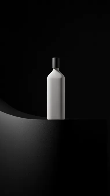 A bottle of white rectabngle tall box is placed on a black curved surface, adding to the minimalist aesthetic., and a modern feel. The high contrast between light and shadow creates a strong visual impact., commercial advertising shoot, conveying a sense of luxury brand design. A large aperture captures the details. The composition features a black solid surface, curved surface, highlighting the contrast between lightness and strength associated with hair care products., minimalist design, with a high-end minimalist style. Studio lighting illuminates the product photography   oybzvic