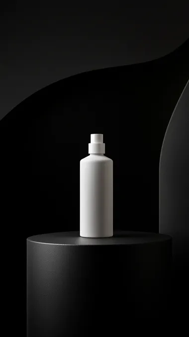 A bottle of white rectabngle tall box is placed on a black curved surface, adding to the minimalist aesthetic., and a modern feel. The high contrast between light and shadow creates a strong visual impact., commercial advertising shoot, conveying a sense of luxury brand design. A large aperture captures the details. The composition features a black solid surface, curved surface, highlighting the contrast between lightness and strength associated with hair care products., minimalist design, with a high-end minimalist style. Studio lighting illuminates the product photography   oybzvic