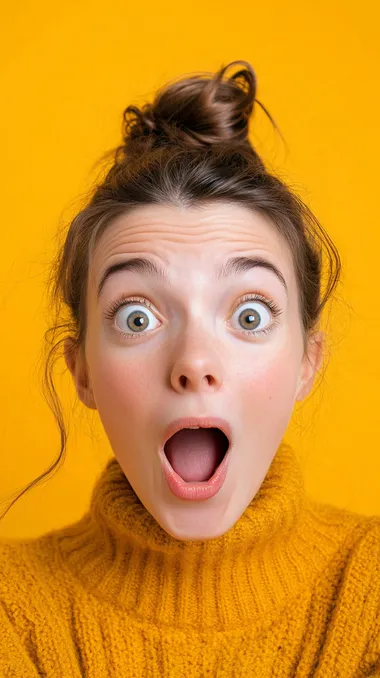 a photo portrait of a surprised and happy young female customer aged 20-30, yellow background