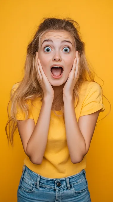 a photo portrait of a surprised and happy young female customer aged 20-30, yellow background