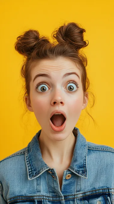 a photo portrait of a surprised and happy young female customer aged 20-30, yellow background