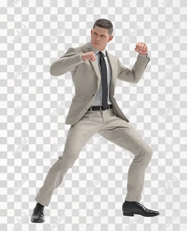 realistic PS4 game character full body view of a friendly male consultant in his early 30s wearing a business suit and black shoes, he is striking a combat pose, on white background, isometric, This is a 3D rendering created using C4D, Blender and OC Renderer, with a high level of detail,