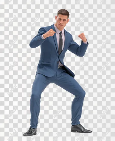 realistic PS4 game character full body view of a friendly male consultant in his early 30s wearing a business suit and black shoes, he is striking a combat pose, on white background, isometric, This is a 3D rendering created using C4D, Blender and OC Renderer, with a high level of detail,