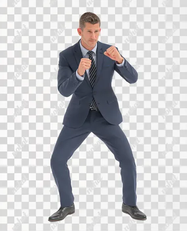 realistic PS4 game character full body view of a friendly male consultant in his early 30s wearing a business suit and black shoes, he is striking a combat pose, on white background, isometric, This is a 3D rendering created using C4D, Blender and OC Renderer, with a high level of detail,
