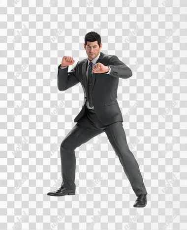 realistic PS4 game character full body view of a friendly male consultant in his early 30s wearing a business suit and black shoes, he is striking a combat pose, on white background, isometric, This is a 3D rendering created using C4D, Blender and OC Renderer, with a high level of detail,