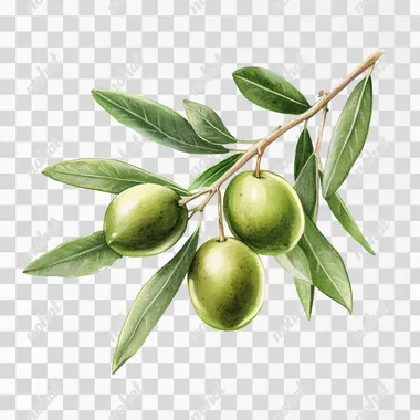 realistic painted illustration of 4 green olives on a branch with nt too many leaves on a plain white background