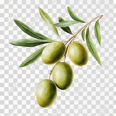 realistic painted illustration of 4 green olives on a branch with nt too many leaves on a plain white background