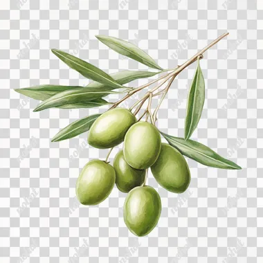 realistic painted illustration of 4 green olives on a branch with nt too many leaves on a plain white background