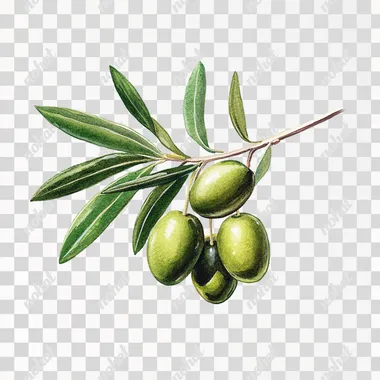 realistic painted illustration of 4 green olives on a branch with nt too many leaves on a plain white background