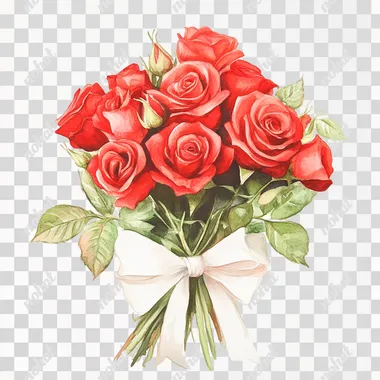 watercolor illustration of red roses bouquet on white background with white ribbon