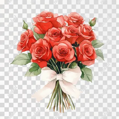 watercolor illustration of red roses bouquet on white background with white ribbon