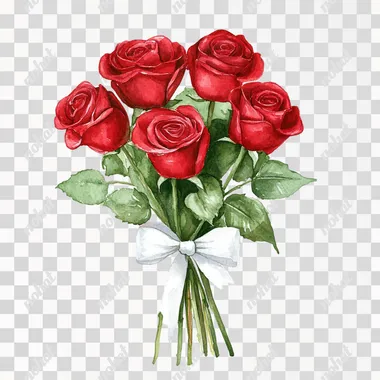 watercolor illustration of red roses bouquet on white background with white ribbon