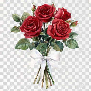 watercolor illustration of red roses bouquet on white background with white ribbon