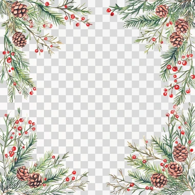 symetrical Watercolor winter greenery frame with simple crest shape in the middle, clipart on a pure transparent background, Christmas theme with pine cones and red holly berries, isolated on a white background, highly detailed watercolor painting in the style of Beatrix Potter, charming, hand-drawn, adorable, clip art set of vector illustrations