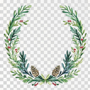symetrical Watercolor winter greenery frame with simple crest shape in the middle, clipart on a pure transparent background, Christmas theme with pine cones and red holly berries, isolated on a white background, highly detailed watercolor painting in the style of Beatrix Potter, charming, hand-drawn, adorable, clip art set of vector illustrations