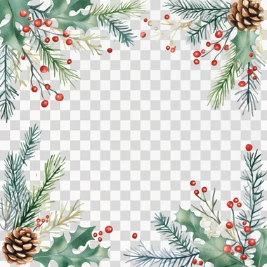 symetrical Watercolor winter greenery frame with simple crest shape in the middle, clipart on a pure transparent background, Christmas theme with pine cones and red holly berries, isolated on a white background, highly detailed watercolor painting in the style of Beatrix Potter, charming, hand-drawn, adorable, clip art set of vector illustrations