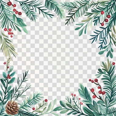 symetrical Watercolor winter greenery frame with simple crest shape in the middle, clipart on a pure transparent background, Christmas theme with pine cones and red holly berries, isolated on a white background, highly detailed watercolor painting in the style of Beatrix Potter, charming, hand-drawn, adorable, clip art set of vector illustrations