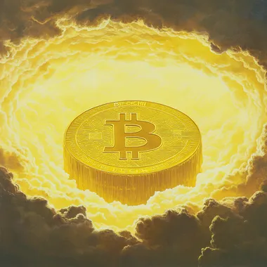 Bitcoin symbol floating within yellow digital encryption