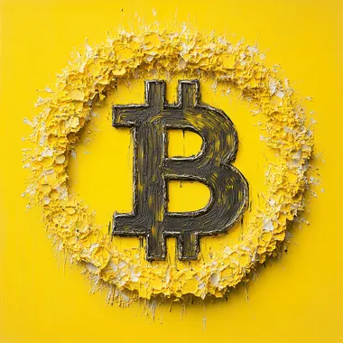 Bitcoin symbol floating within yellow digital encryption