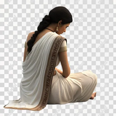 Hindu widow woman wearing white colour saree sitting on the ground sad white background 3d animated image
