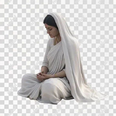 Hindu widow woman wearing white colour saree sitting on the ground sad white background 3d animated image