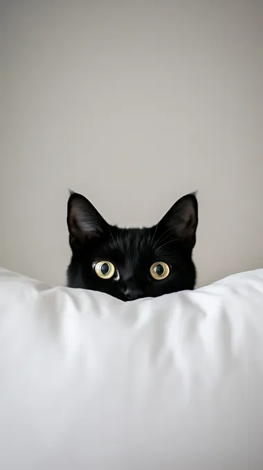 A black cat peeking out from behind a white pillow, with a cute and funny face and big eyes. This portrait photography is set against an indoor light background with a solid color background, showcasing a minimalist, simple, and symmetrical composition. The high-definition photography was captured using a telephoto lens and natural lighting, resulting in soft tones.
