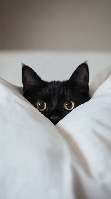 A black cat peeking out from behind a white pillow, with a cute and funny face and big eyes. This portrait photography is set against an indoor light background with a solid color background, showcasing a minimalist, simple, and symmetrical composition. The high-definition photography was captured using a telephoto lens and natural lighting, resulting in soft tones.