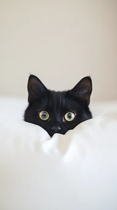A black cat peeking out from behind a white pillow, with a cute and funny face and big eyes. This portrait photography is set against an indoor light background with a solid color background, showcasing a minimalist, simple, and symmetrical composition. The high-definition photography was captured using a telephoto lens and natural lighting, resulting in soft tones.