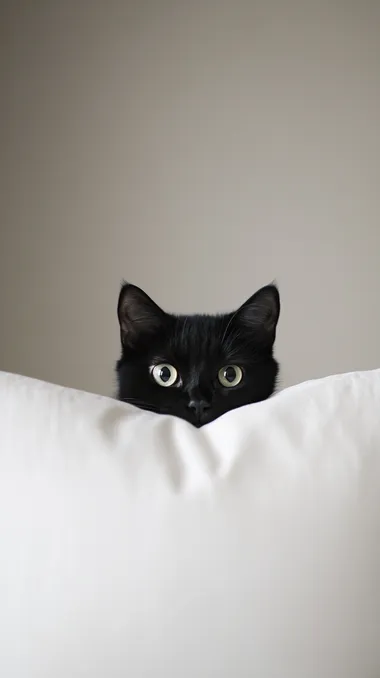 A black cat peeking out from behind a white pillow, with a cute and funny face and big eyes. This portrait photography is set against an indoor light background with a solid color background, showcasing a minimalist, simple, and symmetrical composition. The high-definition photography was captured using a telephoto lens and natural lighting, resulting in soft tones.