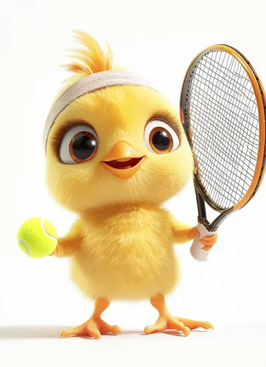 Cute baby chick playing tennis, wearing a headband and holding a racket in its hand, against a pure white background, in the style of Pixar, a cute version of the characters, with simple details, high-definition photography.
