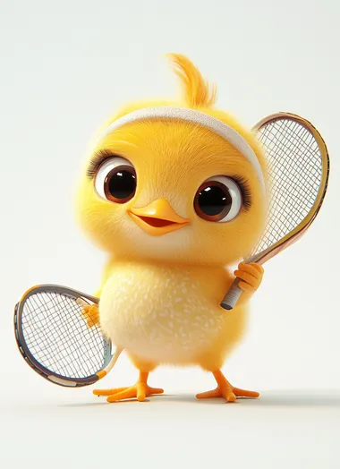 Cute baby chick playing tennis, wearing a headband and holding a racket in its hand, against a pure white background, in the style of Pixar, a cute version of the characters, with simple details, high-definition photography.