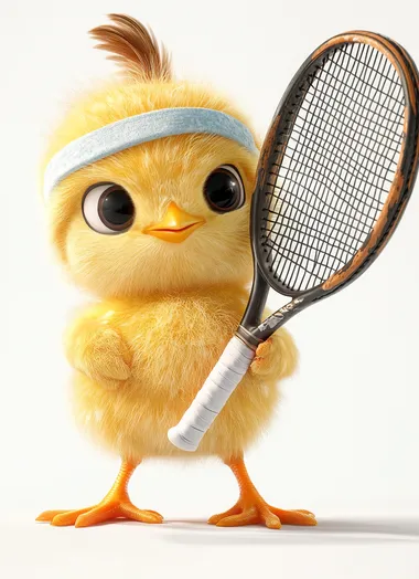 Cute baby chick playing tennis, wearing a headband and holding a racket in its hand, against a pure white background, in the style of Pixar, a cute version of the characters, with simple details, high-definition photography.