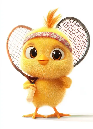 Cute baby chick playing tennis, wearing a headband and holding a racket in its hand, against a pure white background, in the style of Pixar, a cute version of the characters, with simple details, high-definition photography.