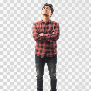 Full body photo of young man worried, isolated on white background
